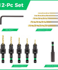 12-piece Woodworking Countersink Drill Bit Set with dual flute bits, hex shank, magnetic extension, hex key, and adjustable depth stop.