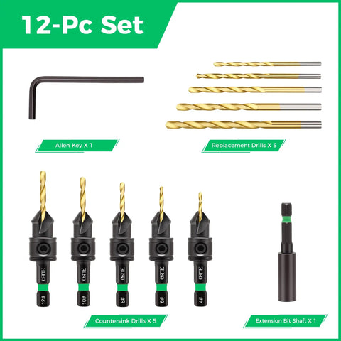 12-piece Woodworking Countersink Drill Bit Set with dual flute bits, hex shank, magnetic extension, hex key, and adjustable depth stop.