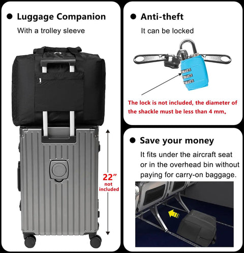 Foldable Grab And Go Travel Duffle Bag With Trolley Sleeve 40L Ultra Lightweight Carry On Bag on luggage with anti-theft feature.