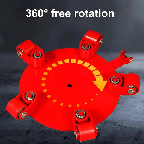 Premium Heavy Duty 22000 Lbs Machinery Skate Dolly With 360 Degree Rotation And Badass Smooth Polyurethane Wheels showing 360° rotating wheel design.
