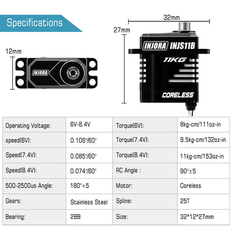 Specifications of 11kg Coreless High Torque RC Servo For 1/18 And 1/24 Scale RC Cars With Bottom Wire Exit 25T Spline