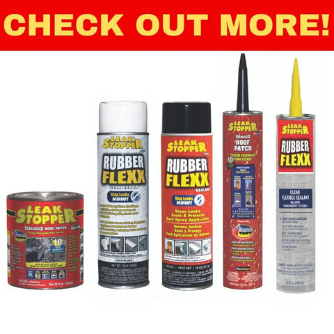 Assorted Leak Stopper products including waterproof rubberized sealant spray for fast fixes in various packaging