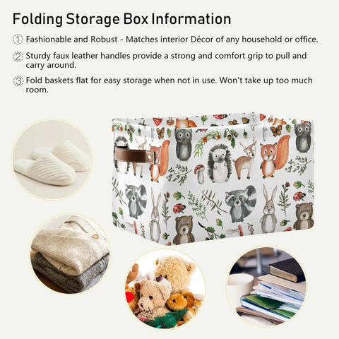 Large Foldable Storage Bin Basket With Easy Grab Reinforced Cotton Rope Handle Collapsible Fabric Laundry Hamper with woodland animals pattern