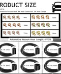 Product size chart showing six-piece five foot silicone vacuum hose kit for cars and SUVs with clamps includes various hose sizes.
