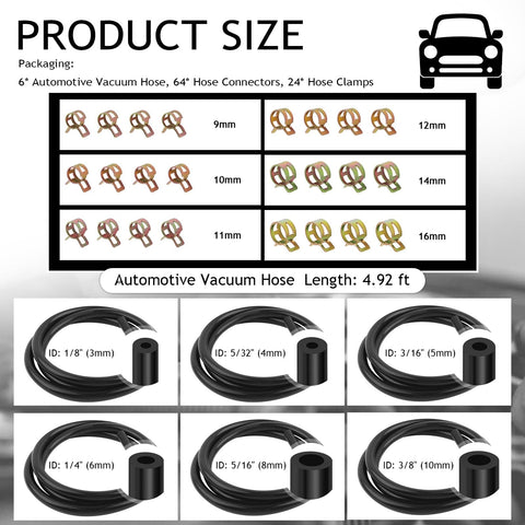 Product size chart showing six-piece five foot silicone vacuum hose kit for cars and SUVs with clamps includes various hose sizes.