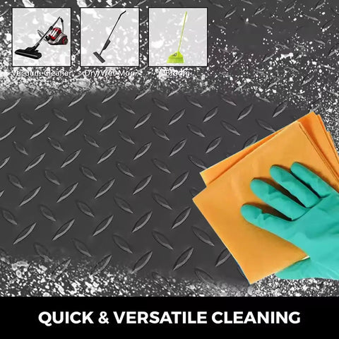 Tough As Nails Non Slip Blue PVC Rubber Garage Floor Mat With Diamond Plate Grip showing cleaning versatility