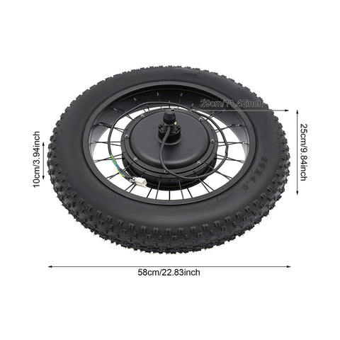 Beefed Up 1500W 48V Ebike Conversion Kit With 20 Inch Rear Hub Motor snow ready tire with measurements shown