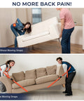 Two Person Moving Straps Kit For Heavy Duty Furniture And Appliances With Shoulder Lifting System Back Support Vest Up To 800 Lbs 120 Inch Round Sling Durable Orange Polyester shown in use with a couch