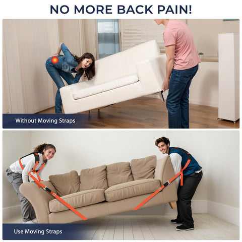 Two Person Moving Straps Kit For Heavy Duty Furniture And Appliances With Shoulder Lifting System Back Support Vest Up To 800 Lbs 120 Inch Round Sling Durable Orange Polyester shown in use with a couch