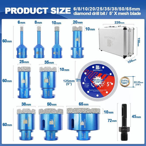 Vacuum Brazed Diamond Hole Saw and Drill Bit Set for Porcelain Tile Ceramic Marble and Granite Drilling With multiple bit sizes