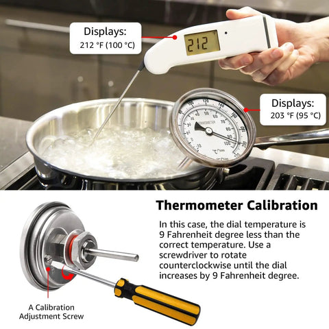 3 Inch Dial Kettle Thermometer With 2 Inch Probe Half NPT Stainless Steel Dual Scale Fahrenheit Celsius For Home Brewing No Fuss Quick Install On Your Brew Pot Food Safe Temperature Gauge in boiling kettle with calibration screw and dual displays