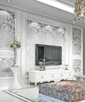 Living room with Silver Gray Peel And Stick Wallpaper 20.8 By 393 Inches Nonwoven 3D Floral Print Modern Wall Decor behind TV unit.