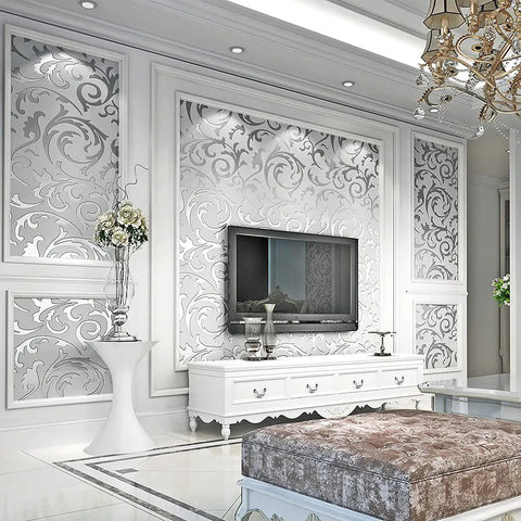 Living room with Silver Gray Peel And Stick Wallpaper 20.8 By 393 Inches Nonwoven 3D Floral Print Modern Wall Decor behind TV unit.