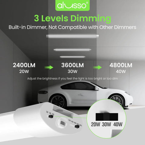 4Ft LED Shop Lights for Garage and Workshop, Ultra Bright 4800 Lumens, 5 Color Temperature, dimmable lighting display with car
