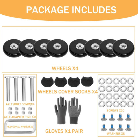 Replacement Luggage Wheel Set With Eight Rubber Swivel Caster Wheels 1.97 By 0.55 Inches 50 By 14 Millimeters Includes Four Wheel Cover Socks Axles And Repair Kit For Luggage Bags And Trolley Case Durable High Quality Ball Bearing Design For Smooth Roll displayed with components including axles, screws, washers, wrenches, and gloves.