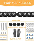 8 Piece Luggage Replacement Wheel Set With Rubber Swivel Casters And Ball Bearings, axles, gloves, and repair kit displayed.