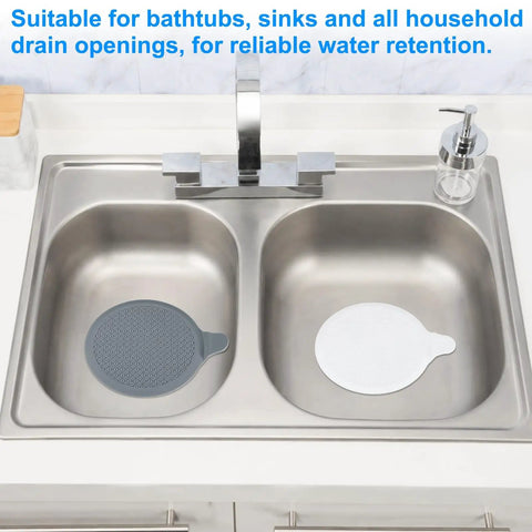 M METERXITY 4-Pack 5.9 in Silicone Tub Stopper, Bathtub Drain Stopper in gray and white, shown in a stainless steel sink.