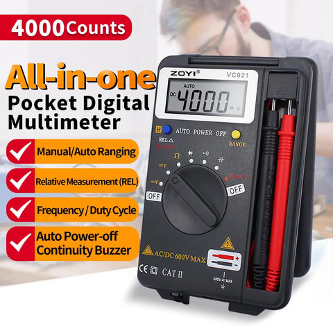 Starter-Friendly Digital Multimeter Card Tester With Auto Ranging 4000 Count displayed with features listed on screen