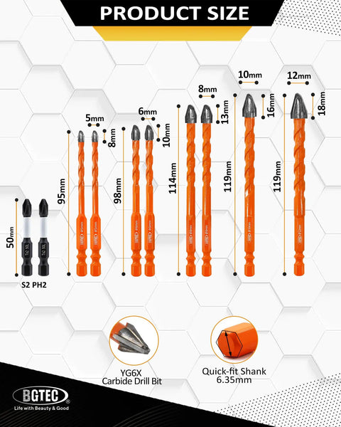 Tough As Nails Workhorse Masonry Drill Bit Set 10 Piece Carbide Kit showing sizes and tips for brick, concrete, and glass.