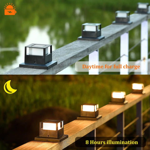 4 Pack Solar Post Lights, 20 Lumen Warm White SMD LED Cap Lights on wooden deck railing during day and night