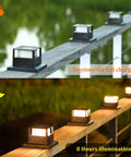 Day and night view of Six Pack Solar Post Lights With 20 Lumen Warm White LED Waterproof Outdoor Post Caps on wooden fence