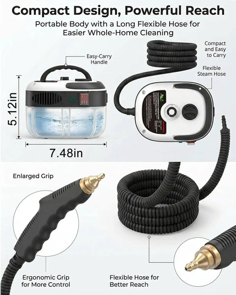 Compact Powerful 2500W Handheld High Temp Steam Cleaner with 15 Second Heat Up, 1.6L Tank, showing hose and handle design.