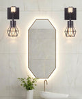 BANGANMA 2 Pack Farmhouse Wall Sconces, Hardwired E26 Wood Cage for Bedroom with geometric design, black metal and warm light.