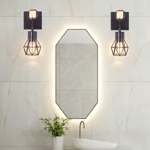 BANGANMA 2 Pack Farmhouse Wall Sconces, Hardwired E26 Wood Cage for Bedroom with geometric design, black metal and warm light.
