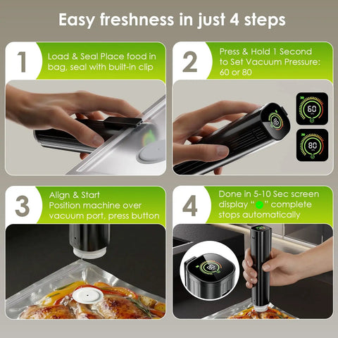 Portable Handheld Vacuum Sealer With LED Pressure Display No Hassle Two Speed 60 To 80 KPa 10 Second Seal ● Sealing in 4 steps.