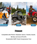 ATV, UTV, and snowmobile showcasing the use of Clutch Compression Tool CCT510 For Polaris Kawasaki Yamaha Arctic Cat And More.