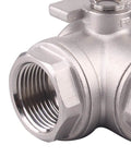Close-up of stainless steel 304, 3 way ball valve with T mounting pad, female 1 inch NPT port, suitable for water, oil, gas applications.
