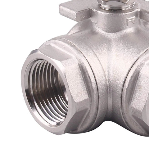 Close-up of stainless steel 304, 3 way ball valve with T mounting pad, female 1 inch NPT port, suitable for water, oil, gas applications.
