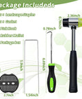 Components of the 6 Inch Garden Stakes Kit with 100 Heavy Duty Staples, 100 Protective Gaskets, Pick Hook, and Rubber Mallet