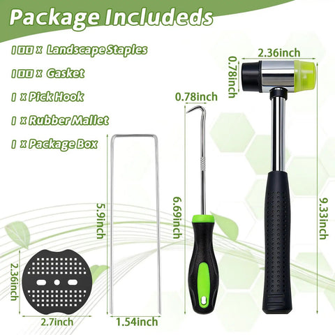 Components of the 6 Inch Garden Stakes Kit with 100 Heavy Duty Staples, 100 Protective Gaskets, Pick Hook, and Rubber Mallet