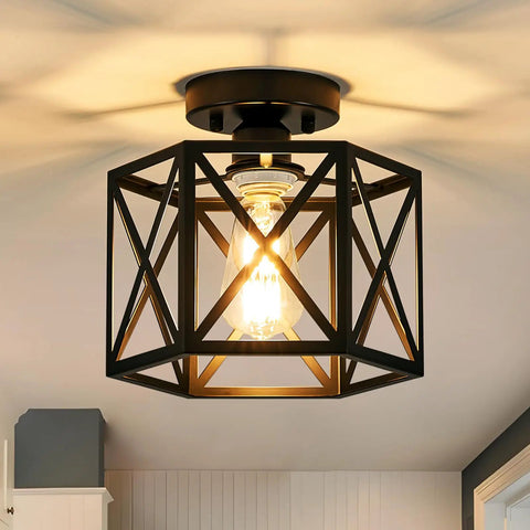 Must Have Industrial Black Hexagon Farmhouse Ceiling Light Fixture, Semi Flush Mount For Kitchen Hallway Bedroom Foyer Entryway