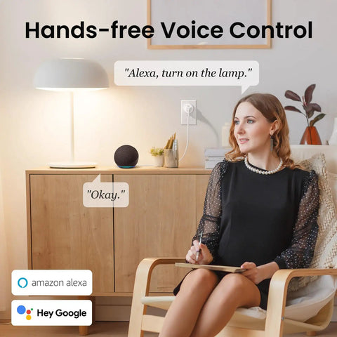 Woman using Smart Plug Mini Pack That Works With Alexa And Google Home, WiFi Outlet With Timer, app controlling lamp