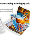 Printed papers with vivid colors showcasing art images, next to a keyboard, demonstrating 63XL Black And Color Ink Cartridge Combo Pack Easy Swap Replacement For DeskJet And Envy Printers Includes One Black And One Color High Capacity 63XL Fits 1110 3630 4510 Series quality.