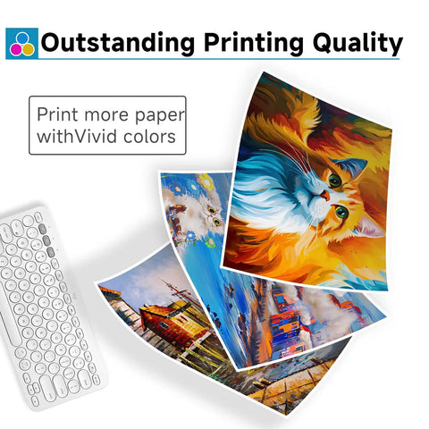 Printed images showing vibrant colors next to a keyboard, demonstrating print quality with 62XL Ink Cartridge Replacement For HP Envy Series Printers Black And Color Combo Pack High Yield Ink.