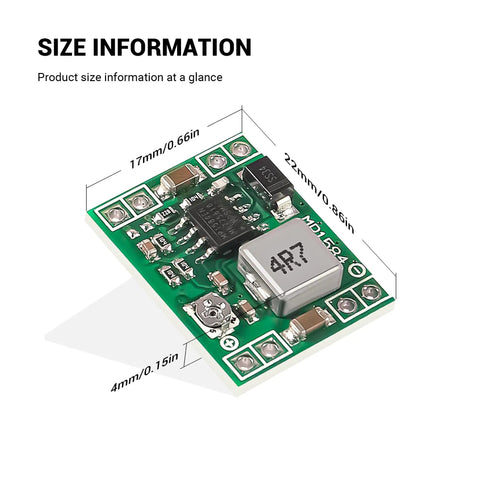 MP-1584EN Buck Converter Mini 6 Pack 3A DC-DC Step-Down Module with size dimensions 22mm x 17mm x 4mm.