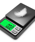 Portable Precision Pocket Scale 1000g X 0.01g For Jewelry, Food, Coffee And Kitchen Use With Backlit LCD Display No Battery Silver Finish Grab And Go Ready with a feather on display