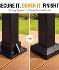 Rock Solid 8 Pack 2X2 Aluminum Square Post Base Flanges With Powder Coated Black Covers mounted on wooden deck for outdoor fencing.