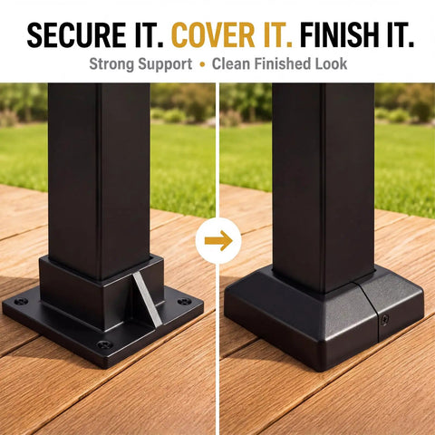 Rock Solid 8 Pack 2X2 Aluminum Square Post Base Flanges With Powder Coated Black Covers mounted on wooden deck for outdoor fencing.