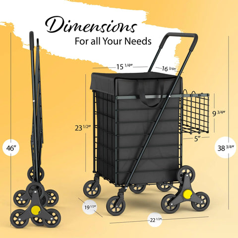 Dimensions of Stair Climbing Shopping Cart With Waterproof Basket Liner And 360 Degree Swivel Wheels in Black