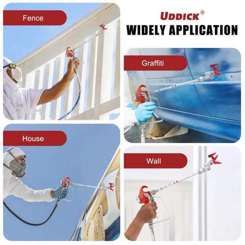 Nifty 16 Piece Airless Paint Sprayer Gun Kit With 3600 Psi Pressure in use on fence, house, wall, and graffiti surfaces.