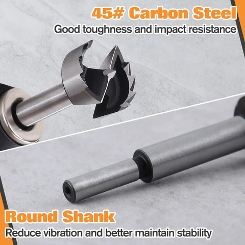 8 Piece Forstner Bit Set Kickass Heat Treated Carbon Steel Drill Bits For Wood, 45# carbon steel cutting edge and round shank.