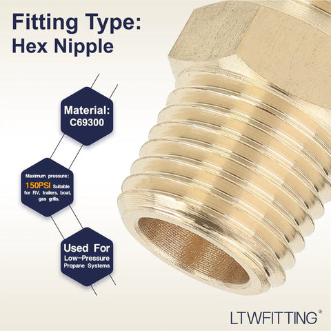 Close-up of Heavy Duty 1/4 Male NPT Brass Hex Nipple Fitting Bulk Pack Of 600 Lead Free Plumbing Connector for water fuel oil lines.