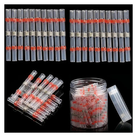Rock Solid 100 Pack Heat Shrink Soldering Terminals Insulated Butt Connectors Kit For Electrical Wire Repair And Soldered Sleeve Terminals That Make Your Wiring Job Look Sick And Last Forever Without No Problems At All, clear plastic connectors on black background