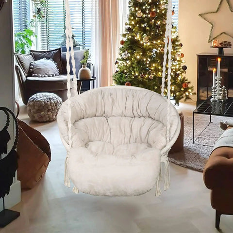 Cozy Macrame Hammock Chair With Thick Comfy Cushion And Hanging Hardware Kit Bohemian Cotton Rope Swing in living room