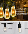 Close-up of Outdoor String Lights 100 Ft Weatherproof Hanging Lights with 55 Vintage Edison Bulbs, showing G40 and S14 bulb details