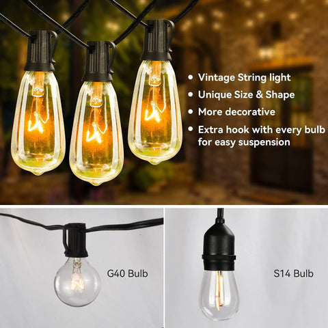 Close-up of Outdoor String Lights 100 Ft Weatherproof Hanging Lights with 55 Vintage Edison Bulbs, showing G40 and S14 bulb details